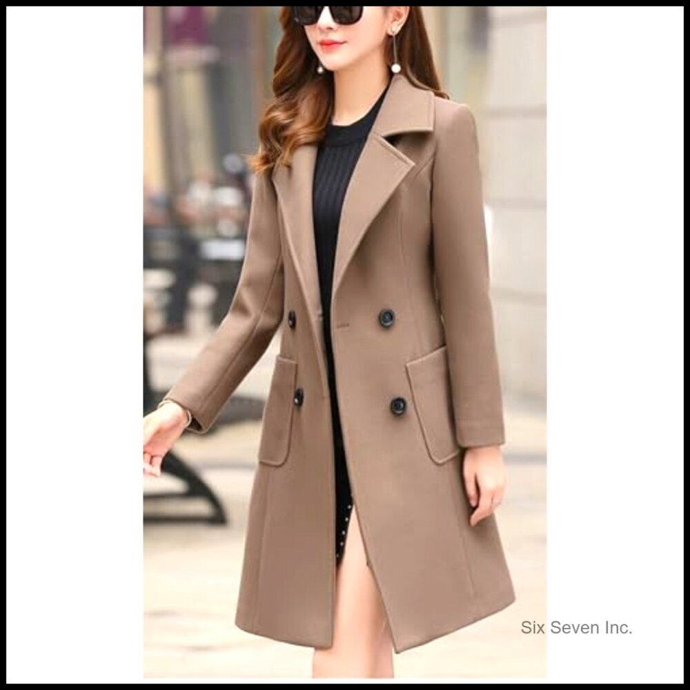 Wool Blend Double Breasted Overcoat with Notched Collar and Belted Back - Picture 3 of 6